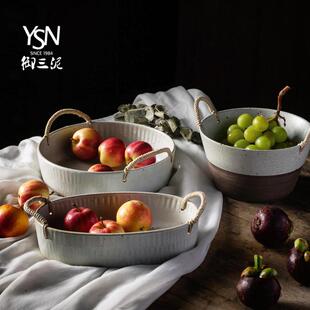 复古陶瓷大碗家用餐具套装 粗陶麻绳创意菜盘果盘日式 简约双耳餐盘