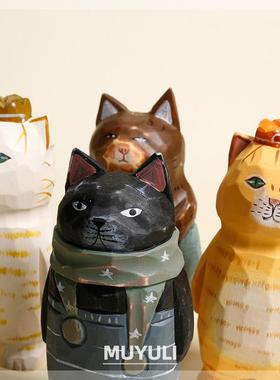 北欧复古木雕猫咪摆件可爱好物情侣卡通家居装饰品日系小物件