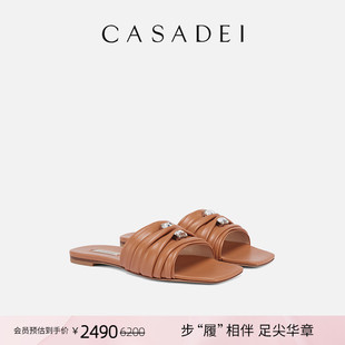 CASADEI/卡桑蒂GERALDINE焦糖色复古小羊皮宝石装饰凉鞋平底鞋