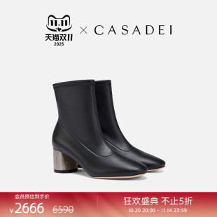 瘦瘦靴 纹理粗跟 CASADEI 卡桑蒂Cleo黑色弹性气质小牛皮高跟短靴