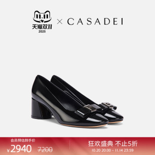 黑色粗跟浅口 漆皮蝴蝶结玛丽珍鞋 CASADEI 卡桑蒂Cleo牛皮高跟鞋