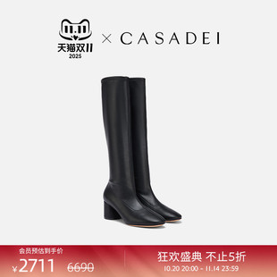 粗跟黑色显瘦 羊皮内里弹力靴 CASADEI 卡桑蒂Cleo仿纳帕皮长筒靴