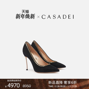 卡桑蒂 10cm 12期免息 小山羊皮细高跟鞋 黑色绒面 新品 CASADEI