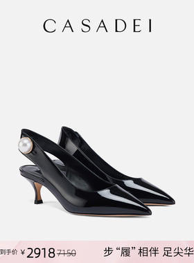CASADEI/卡桑蒂JULIA尖头时尚黑色漆皮露跟鞋牛皮小猫跟高跟凉鞋