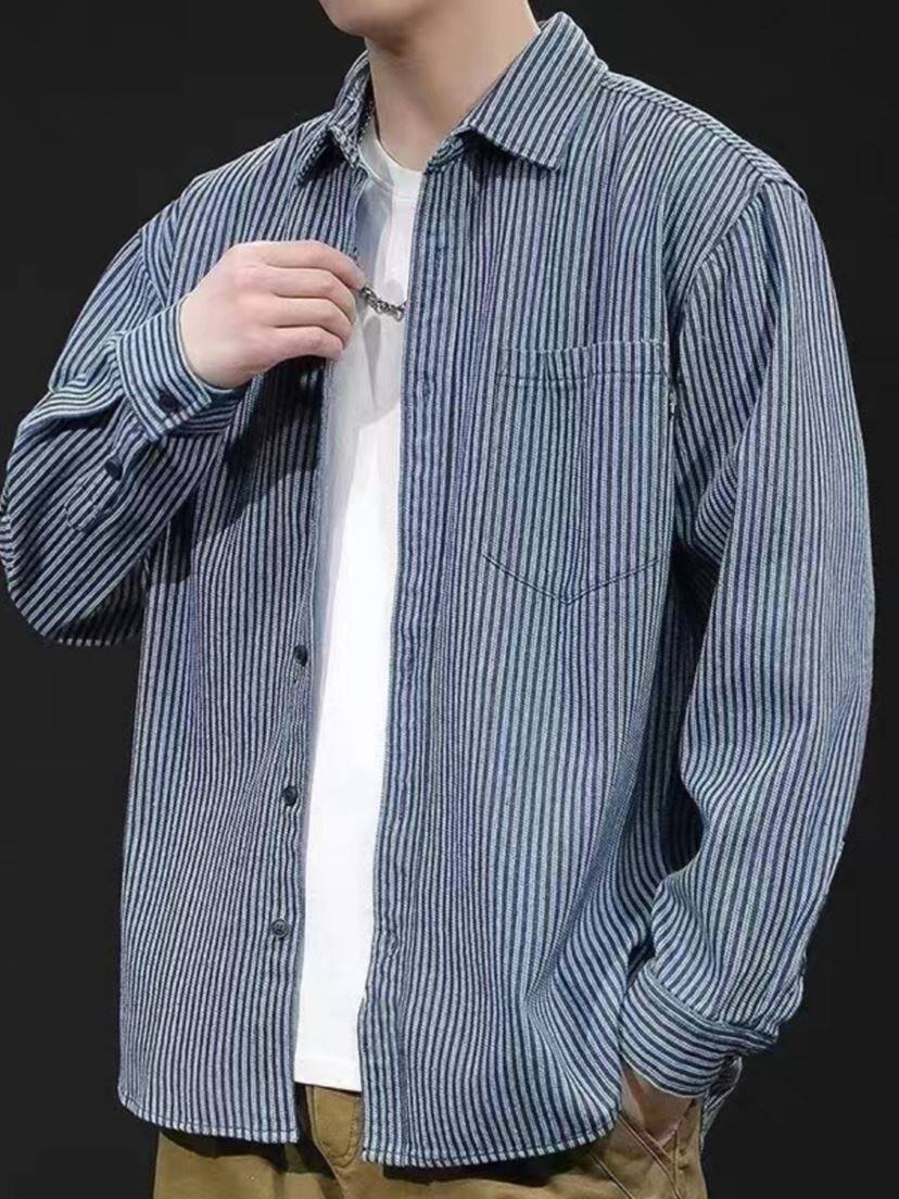 吕小虎美式牛仔水洗条纹长袖衬衫男日系休闲cityboy蓝色春秋外套