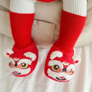 加厚加绒保暖新生宝宝地板袜红色新年过年袜子 婴儿虎头鞋 袜秋冬季