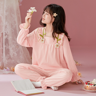 女童睡衣儿童春秋季长袖纯棉家居服中大童夏季初中生带胸垫空调服