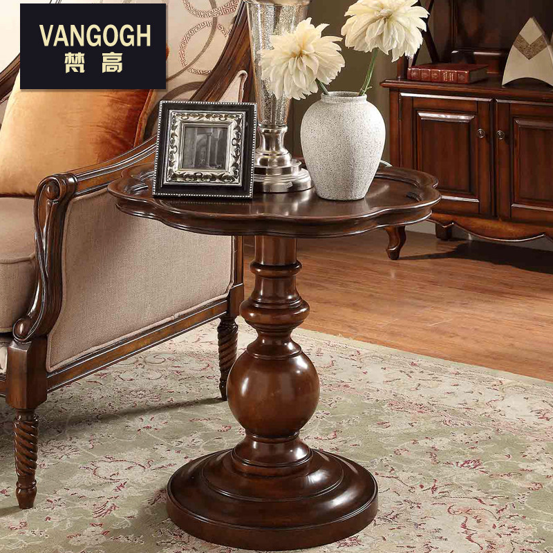 美式角几全实木沙发边几咖啡桌欧式小边几客厅圆茶几65直径小圆几