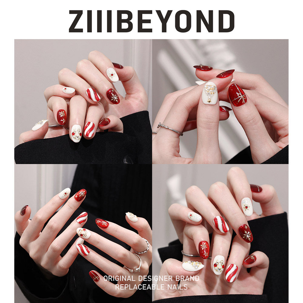再变 雪萌精灵美甲欧美圣诞氛围感红色系穿戴甲纯手工短圆ZB270