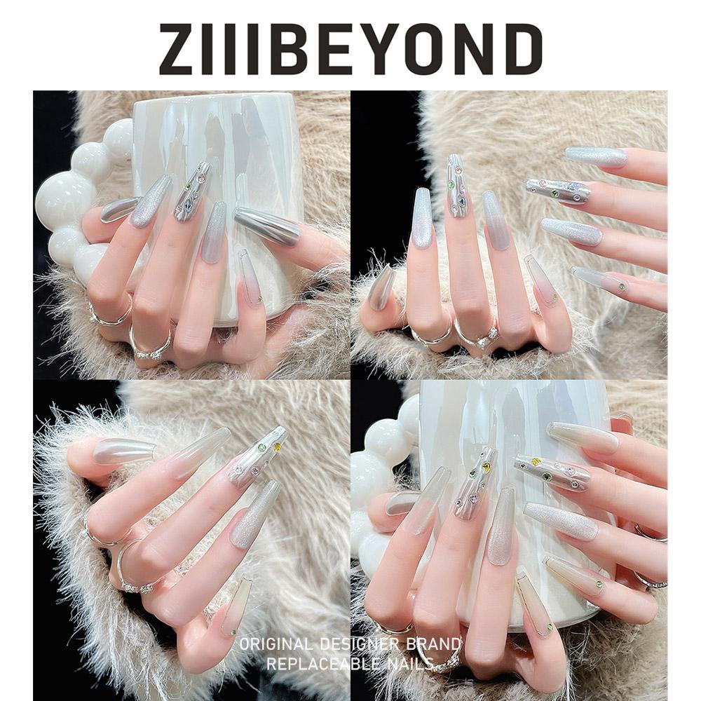 再变 天空之镜美甲银色镶钻猫眼温柔甜美穿戴甲长梯ZB245
