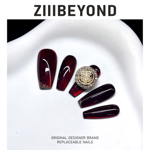 再变 财源滚滚美甲纯手工穿戴甲酒红色显白闪钻气质美甲中梯ZB87