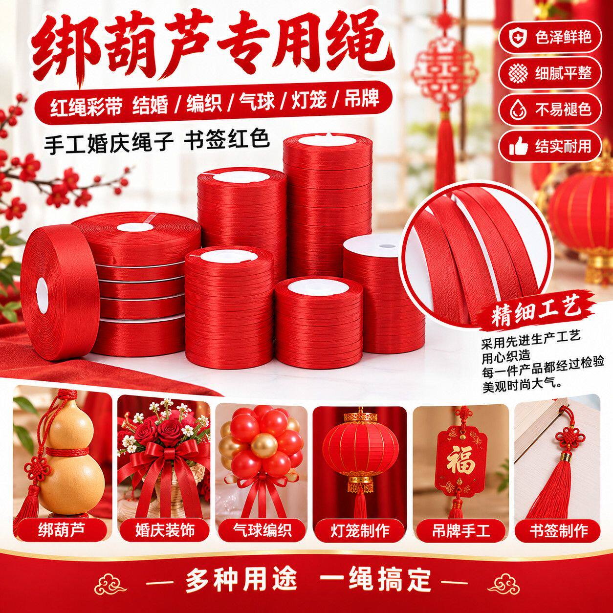 婚庆编织红绳绑葫芦专用彩带结婚气球灯笼吊牌手工书签红色绳