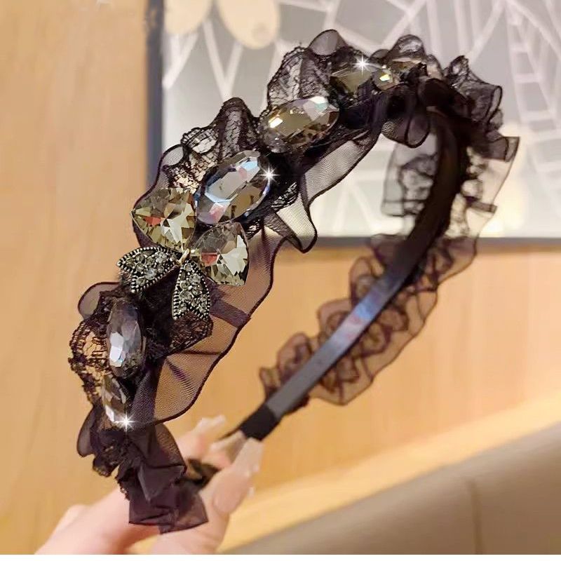 法式轻奢褶皱黑色网纱水钻发卡发箍成人洗脸高颅顶显脸小头箍
