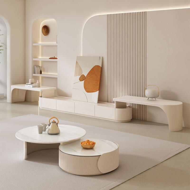 法式奶油风白色岩板圆形茶几客厅家用轻奢现代简约大小圆茶桌组合