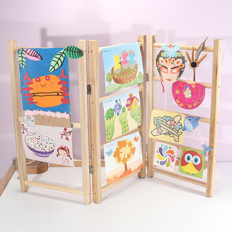 幼儿园美工作品展示架实木质绘画书法架可折叠展示墙原木装饰架子