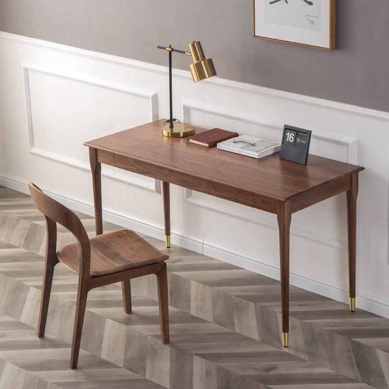 全实木电脑桌黑胡桃木书桌学生写字桌现代简约樱桃木写字台带铜腿