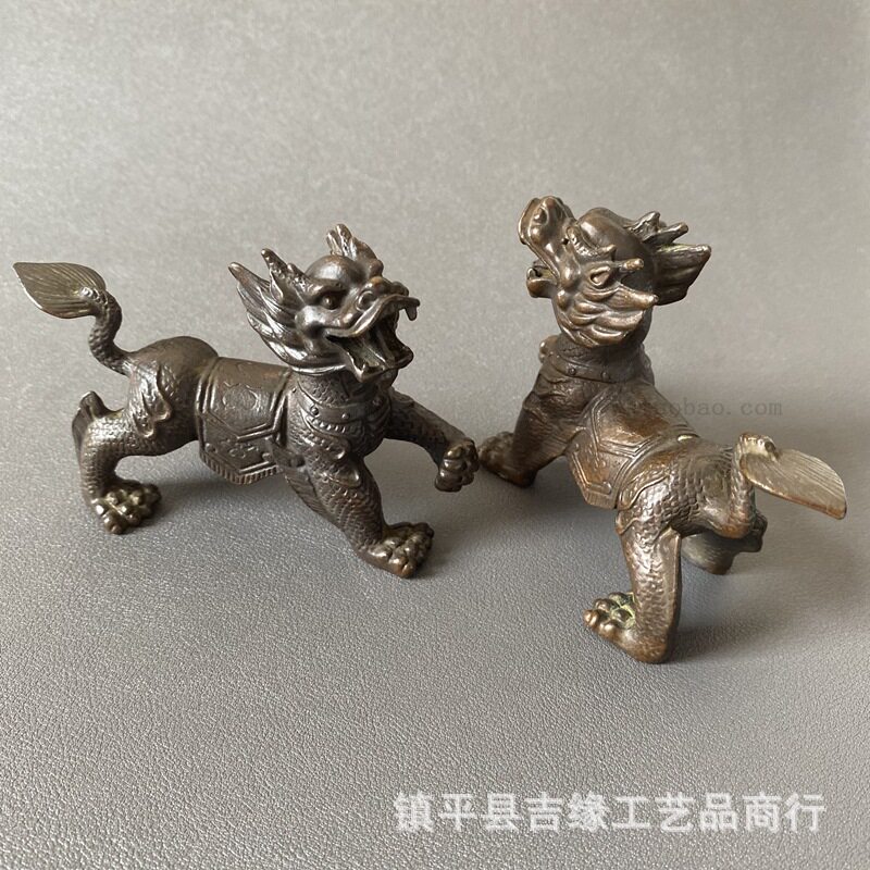 复古合金实心麒麟一对古玩收藏客厅茶宠摆件家居办公室装饰麒麟