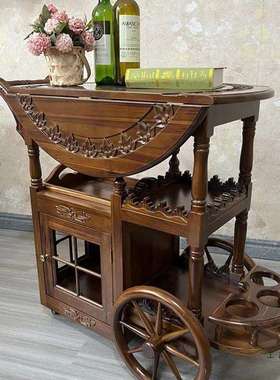 法式中古风可移动小边几美式复古推车茶几折叠茶台餐车家用小茶车