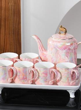 家用手绘碧波纹水具陶瓷炫彩珠光金边茶壶加茶盘乔迁送礼套装