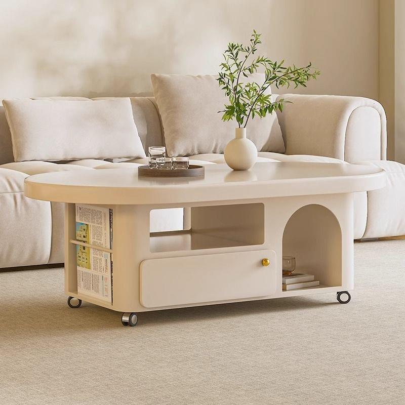 实木茶几法式奶油风客厅家用设计师艺术小户型椭圆形茶桌带轮