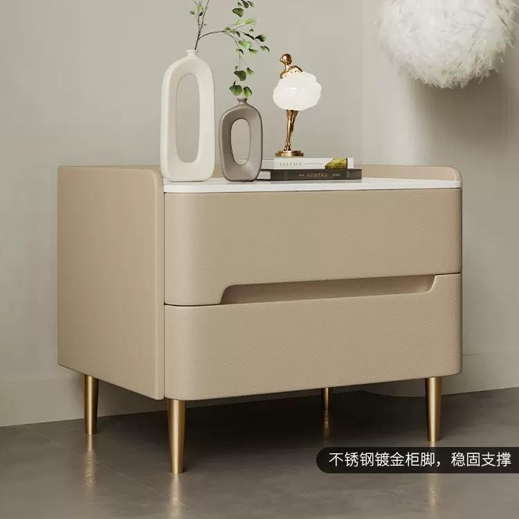 全实木床头柜轻奢岩板储物柜卧室简约现代床边柜皮质小户型收新款