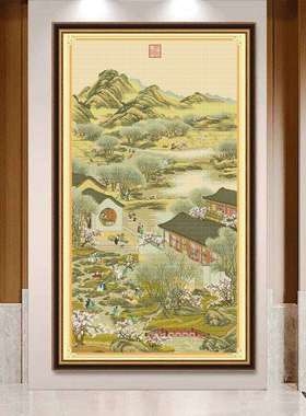 雍正十二月四月十字绣2023新款线绣客厅竖版玄关传世名画手工刺绣