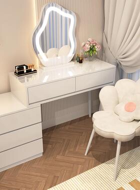 9W白色奶油风轻奢梳妆台卧室收纳斗柜一体现代简约伸缩化妆桌新款