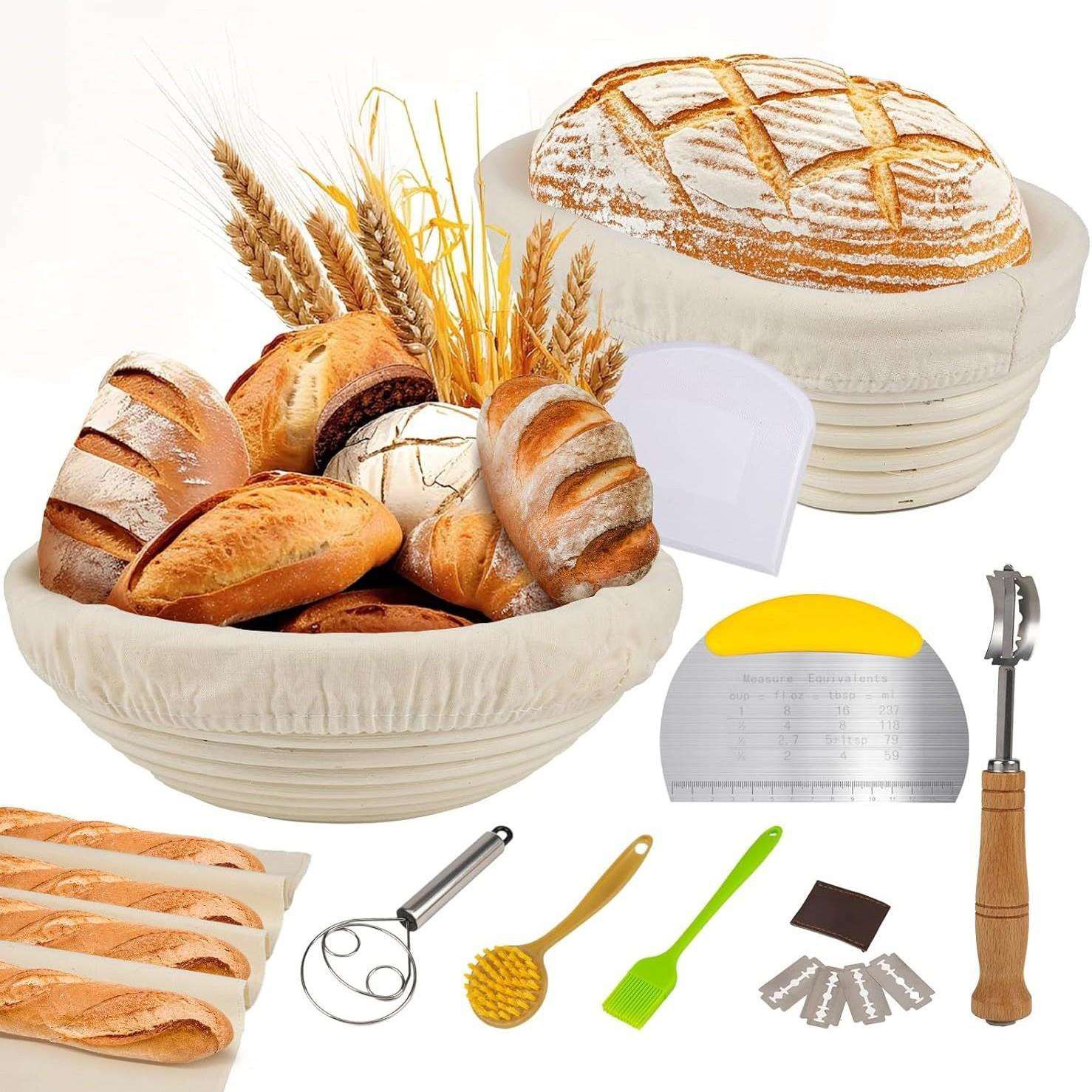 热销8件套面包篮手工编织欧式天然藤条发酵篮面团刮板油刷