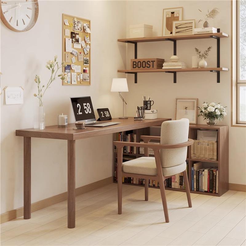 简约实木转角书桌书柜一体书架组合l型拐角电脑桌卧室学生学习桌