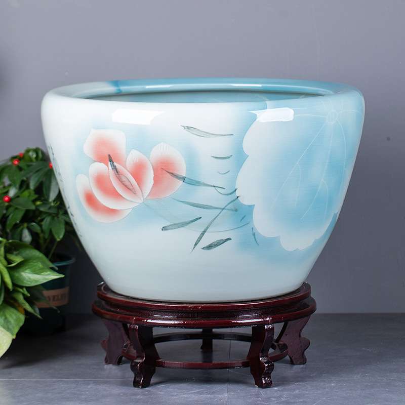 浅蓝色荷花手工手绘景德镇陶瓷大缸私宅别墅庭院装饰摆件圆口水缸