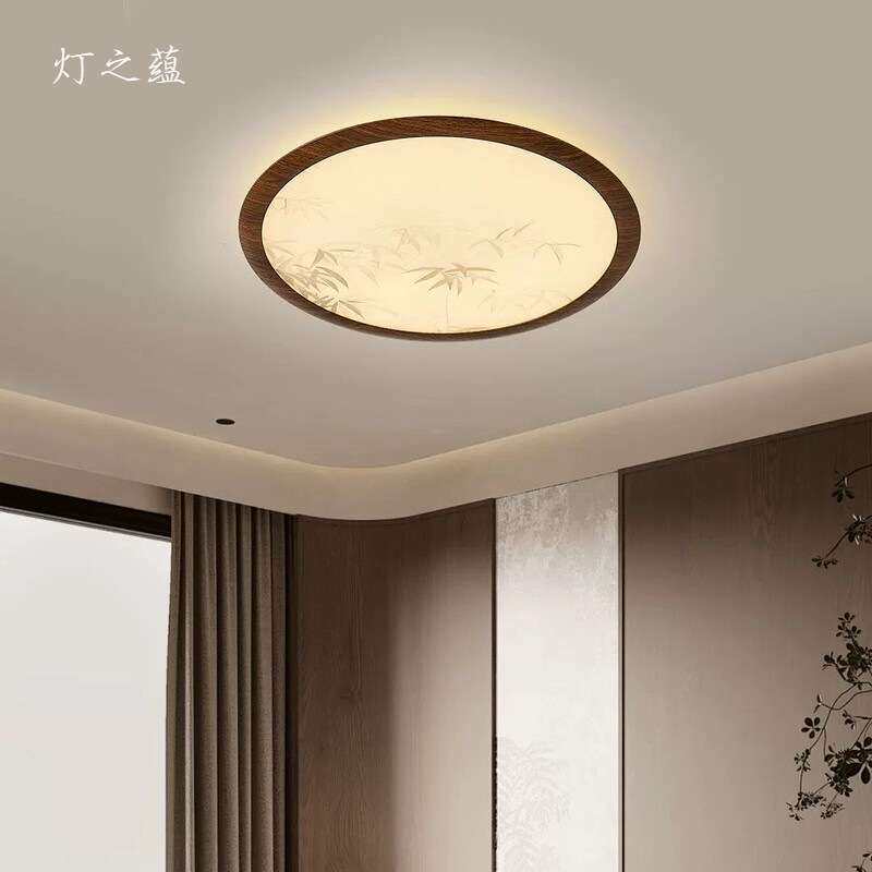 灯之蕴中古风新中式竹子印花吸顶灯复古胡桃木色书房卧室灯具圆形