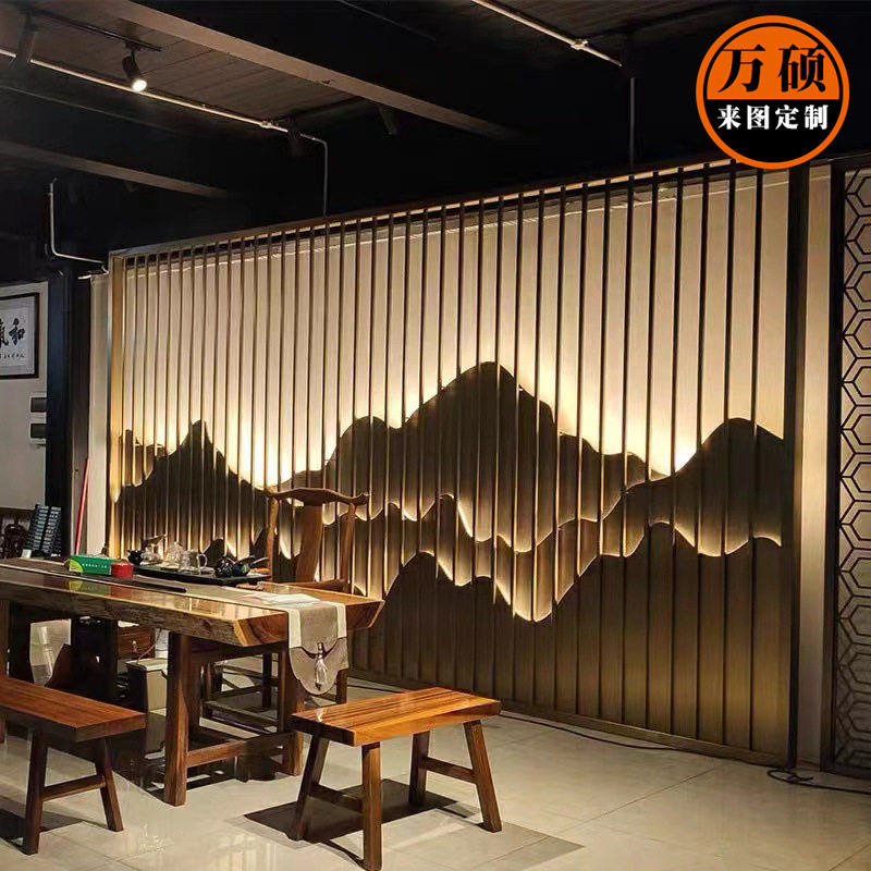 不锈钢屏风拉丝发光金属铁艺隔断假山景墙格栅镂空雕塑装饰制定