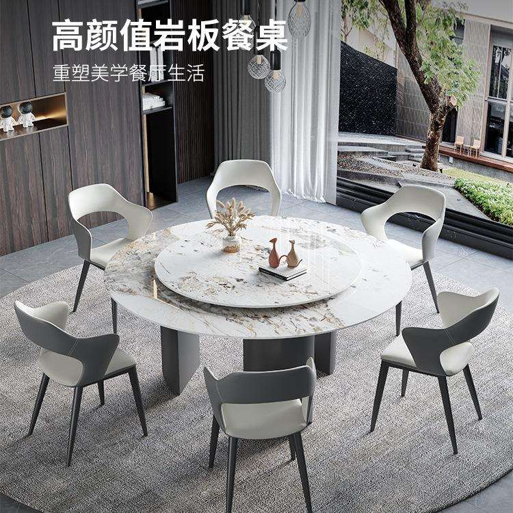 意式极简亮光岩板餐桌带转盘不锈钢圆形桌轻奢高端现代简约圆桌子