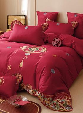 新中式轻奢刺绣花结婚庆全棉四件套100S纯棉红陪嫁床上喜被套床单