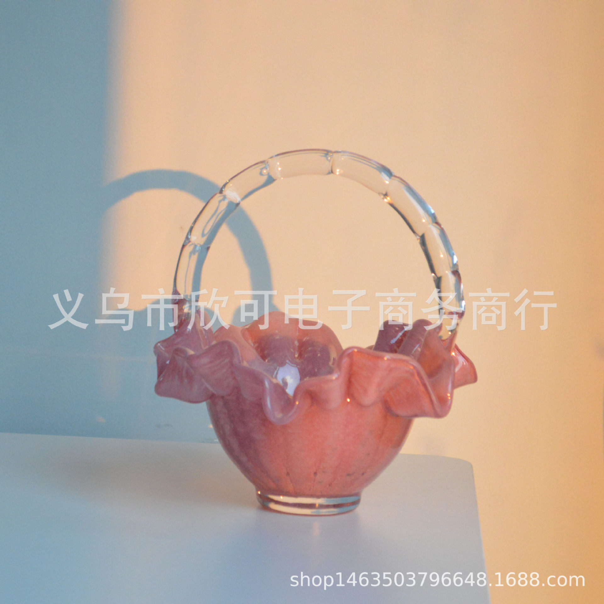 vintage中古芬顿粉色琉璃小提篮果盘褶皱裙边桌面家居装饰摆件