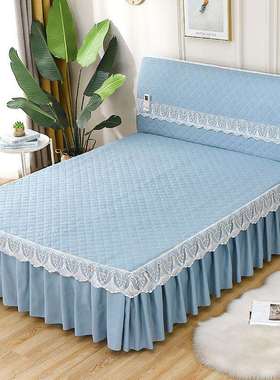 简约夹棉床裙单双人席梦思床防尘罩套床笠纯色全包床头罩四季通F^