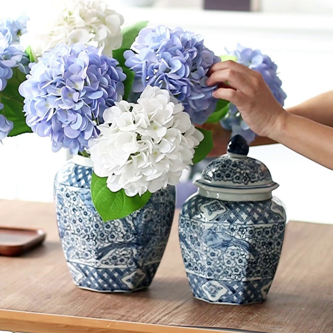 中式青花瓷八角陶瓷装饰干花鲜花客厅插花摆件玄关桌面书房家居