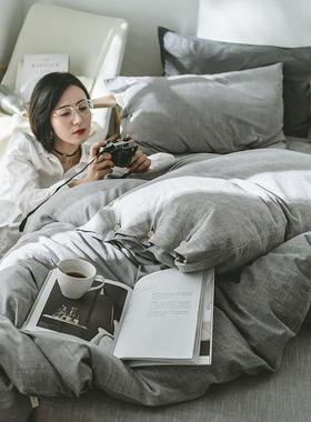 素色简约棉麻水洗全棉四件套1.8m床上用品纯色床单被子被套单