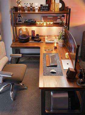 转角电脑桌台式双人电竞桌洞洞板书桌书架一体墙边拐角书桌办公桌