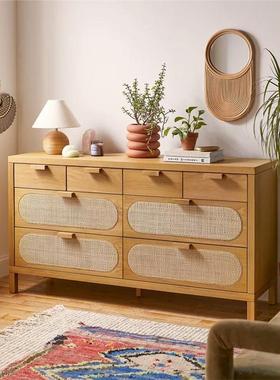 北欧复古实木斗柜小户型家用藤编抽屉柜书房卧室玄关收纳储物柜