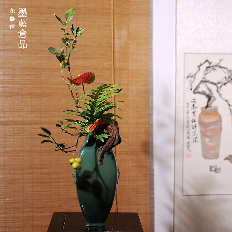 兽面双耳瓶文人调花瓶花器日式小原流插花