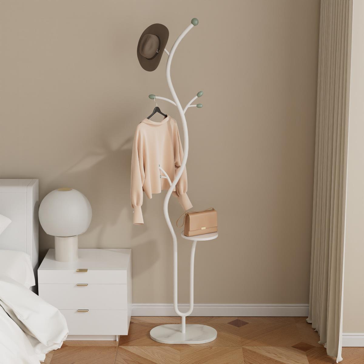 卧室多功能一体式床头茶几收纳架子奶油风家用落地式衣帽架带边几