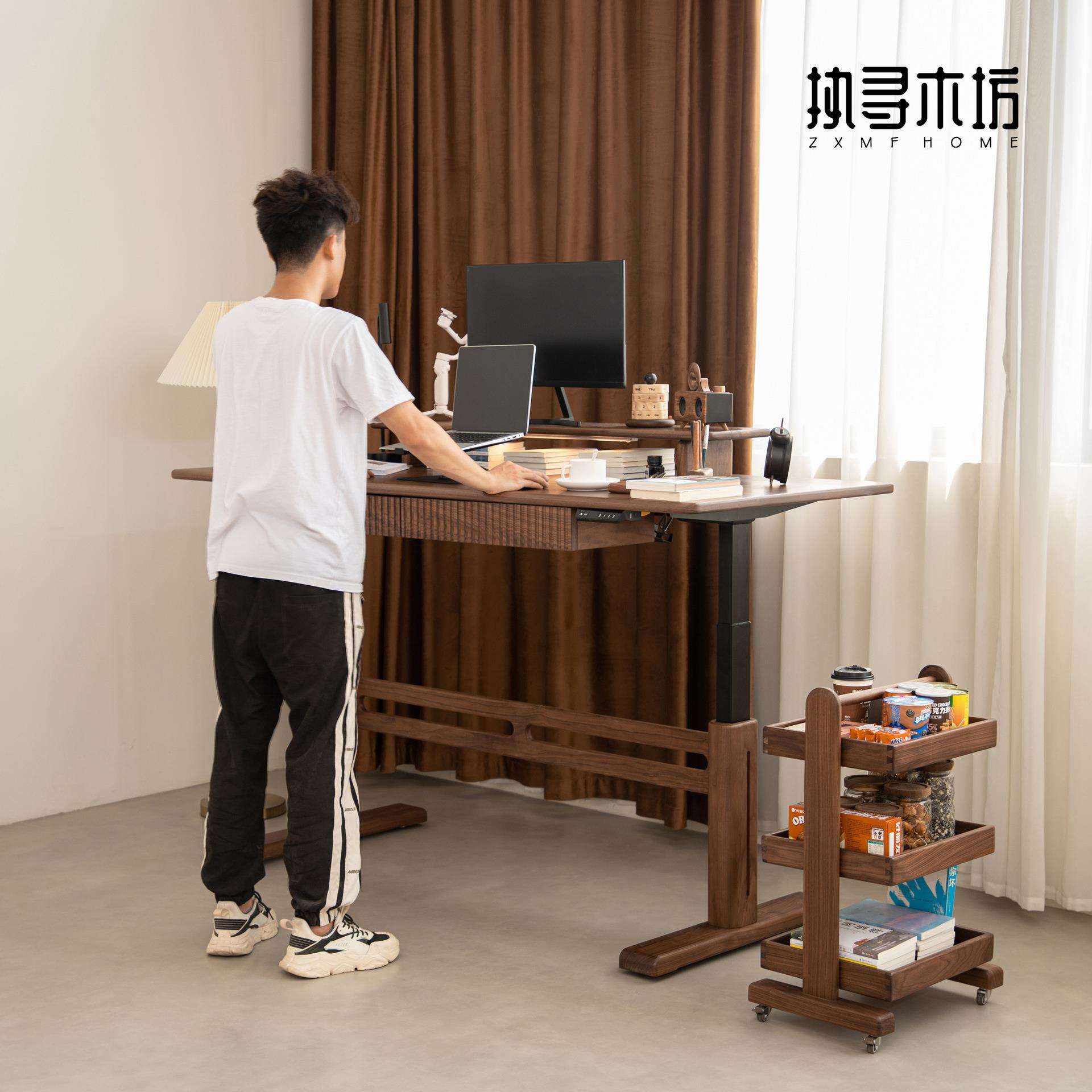 位移电动升降桌家用黑胡桃实木电脑学习办公桌智能书桌执寻木坊