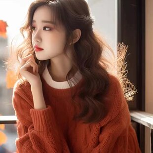 复古慵懒风橘红色软糯毛衣女冬季内搭外穿宽松圆领口撞色针织上衣