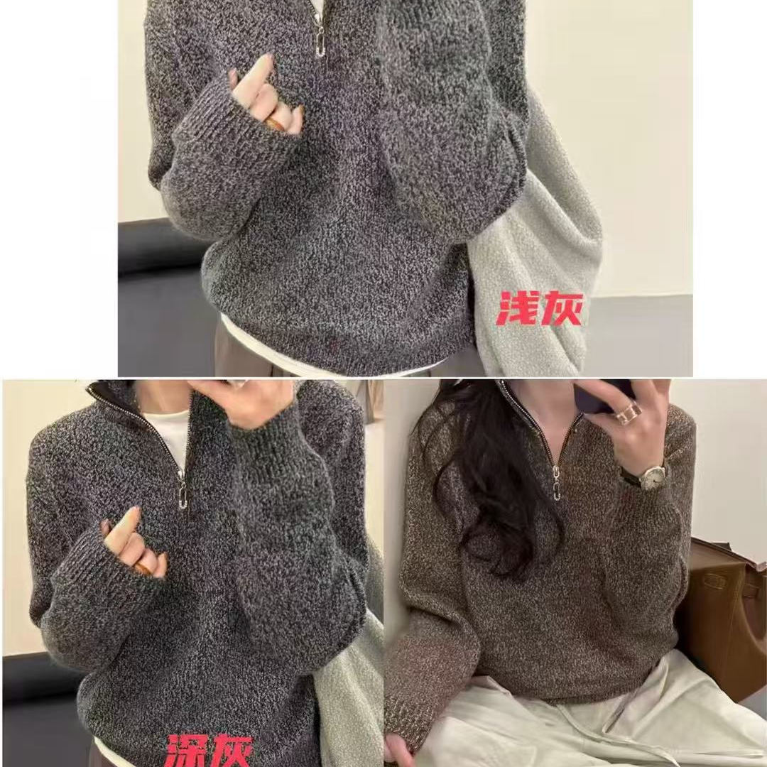 M080非 众慵懒拉链翻领针织衫新款保暖毛衣舒适加厚上衣
