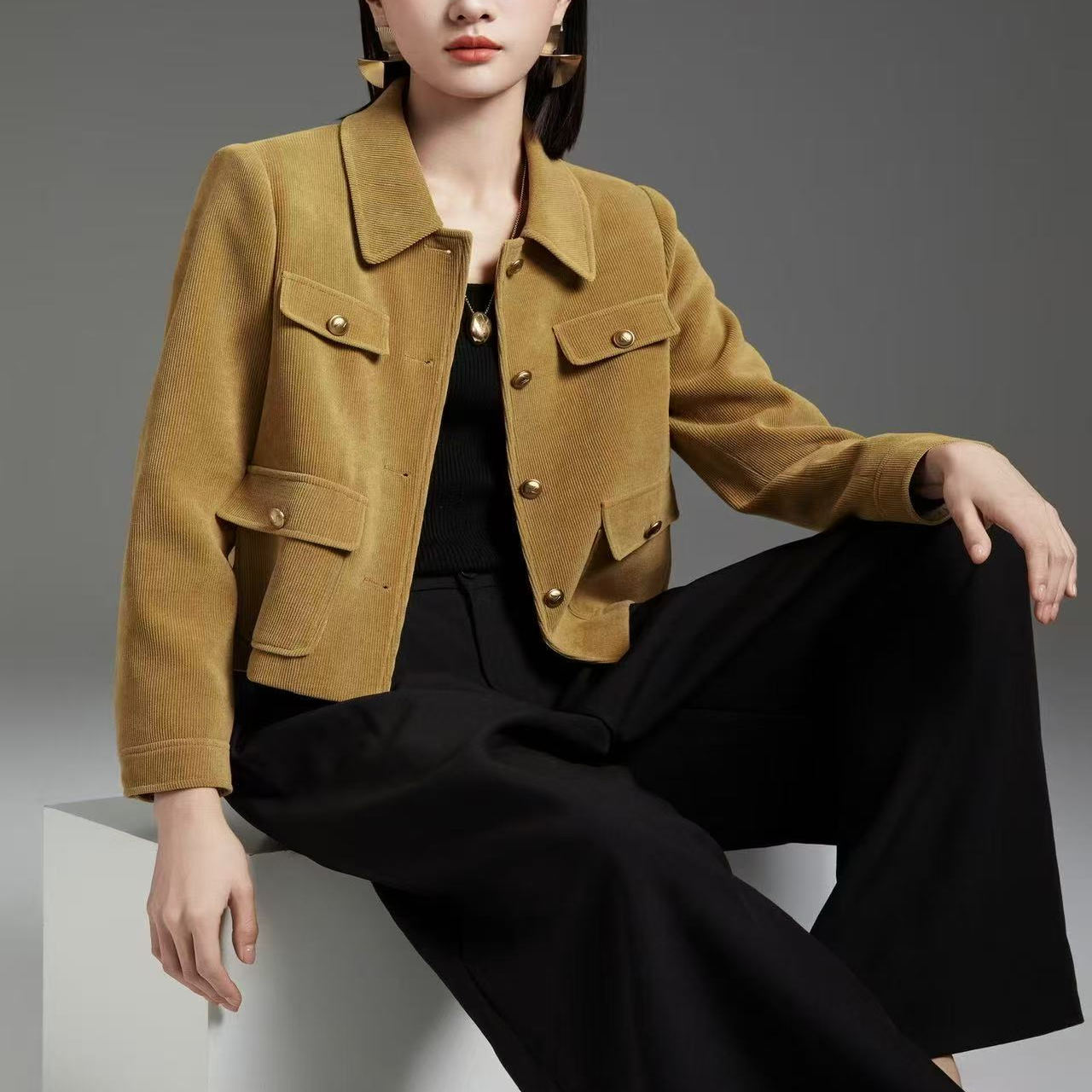 W8009 时尚短款夹克外套个性复古潮流短外套