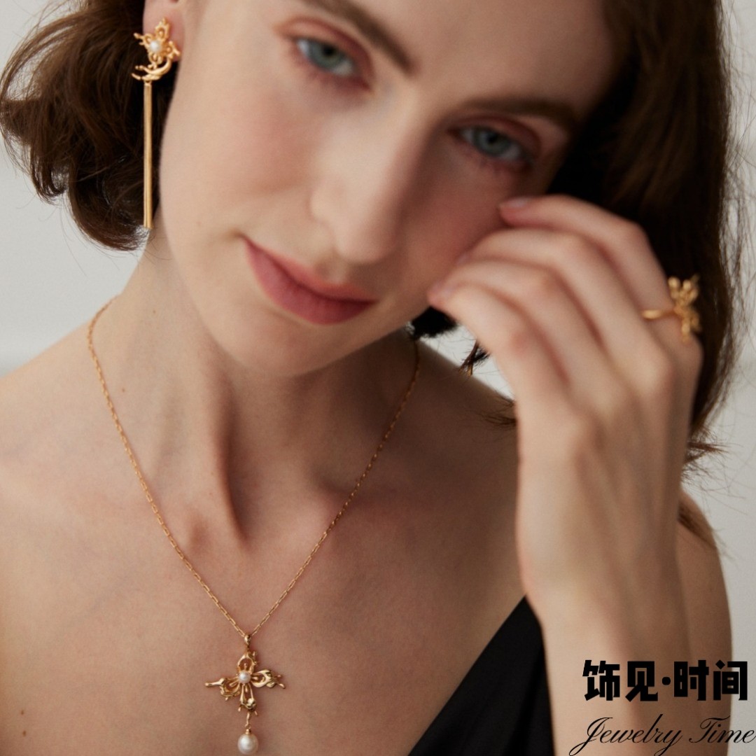 法式高级感蝴蝶天然珍珠项链女小众气质长款流苏耳环轻奢纯银戒指