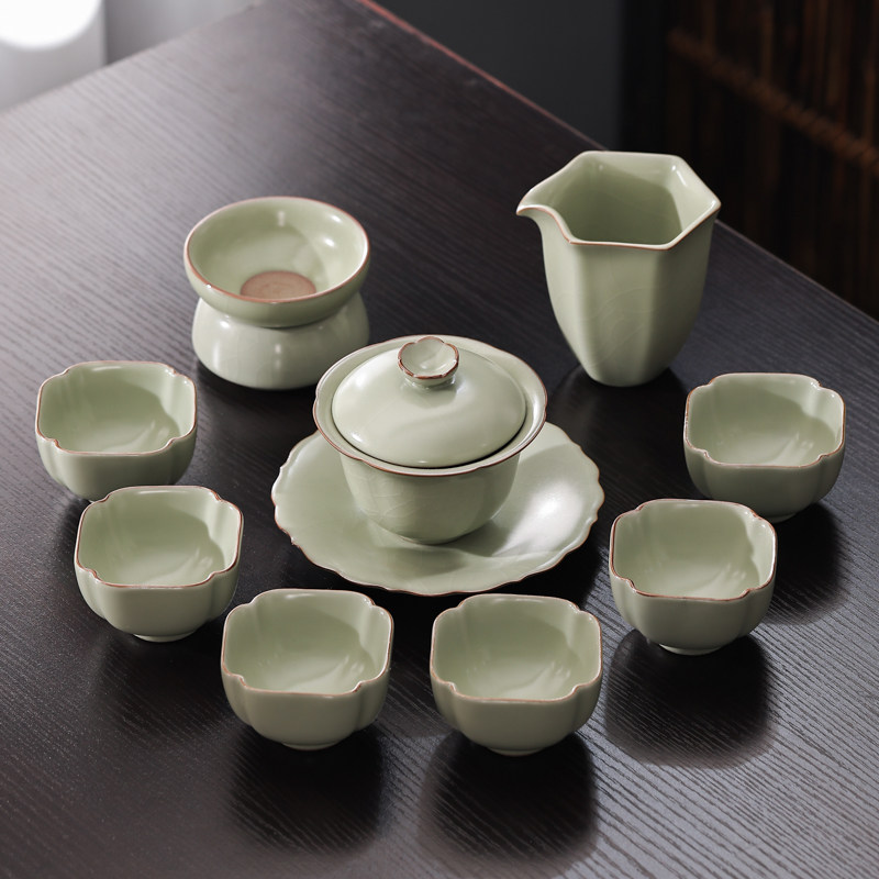 汝窑功夫茶具四方杯套装r家用会客轻奢高档整套陶瓷盖碗泡茶碗茶