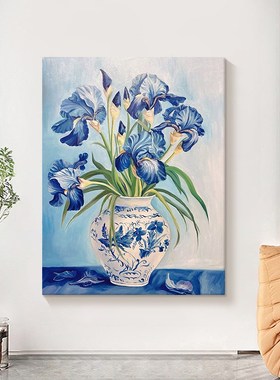 蓝色花纯b手绘油画抽象青花瓷花瓶艺术客厅M挂画植物肌理玄关装饰