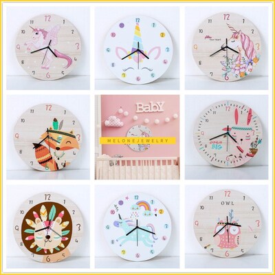 toon Circulajr nicorn Wall Clock Kids Wooden Silent Reloj de